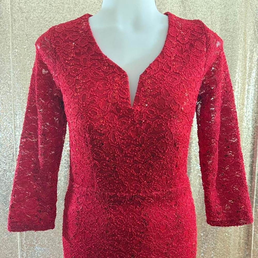 Red Lace Sequin Midi Dress V-Neck 3/4 Sleeve Back CutoutParty/Sizes S-M-L - Picture 5 of 8
